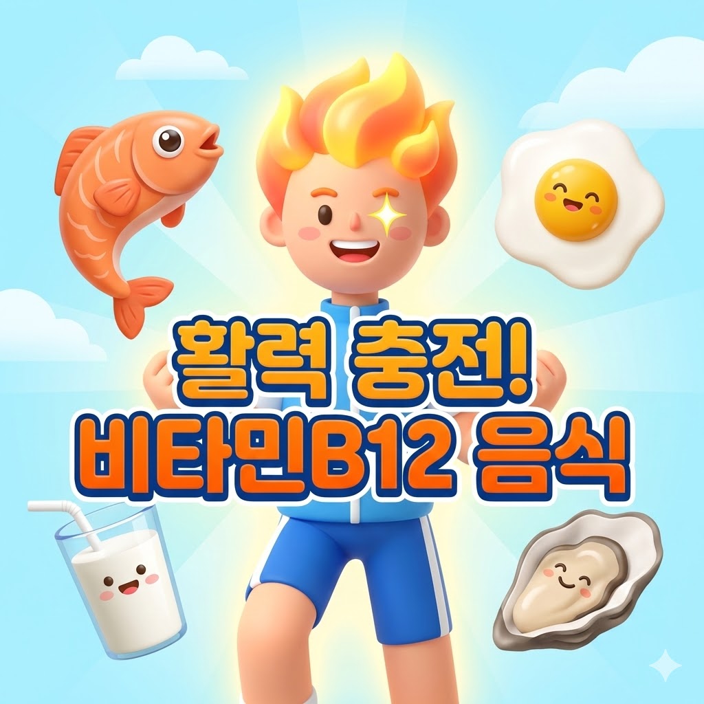 활기찬 캐릭터가 연어, 계란, 우유, 굴 등 비타민 B12가 풍부한 음식들 속에서 환하게 웃는 3D 카툰 일러스트. '활력 충전! 비타민B12 음식'이라는 문구가 강조되어 있음.