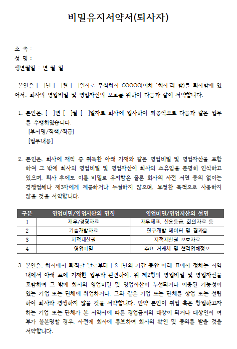 비밀유지서약서 양식