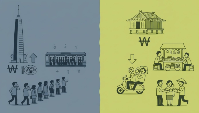 한국과 베트남의 물가를 비교하는 인포그래픽. 한국은 높은 주거비와 생활비가, 베트남은 상대적으로 저렴한 주거비와 생활비가 아이콘으로 표시되어 있습니다.