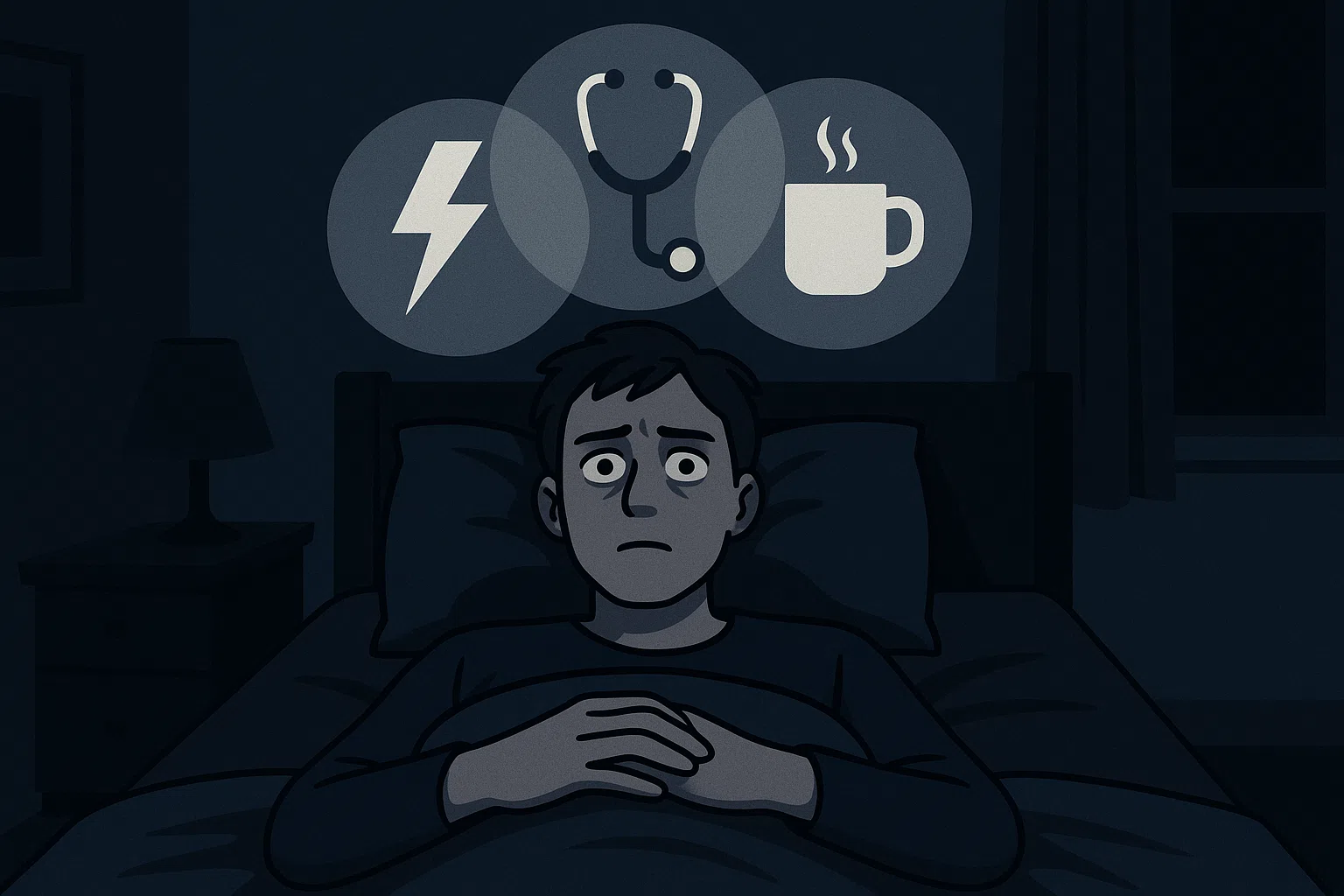 어두운 침실, 침대에 누워 눈을 뜬 채 뒤척이는 사람