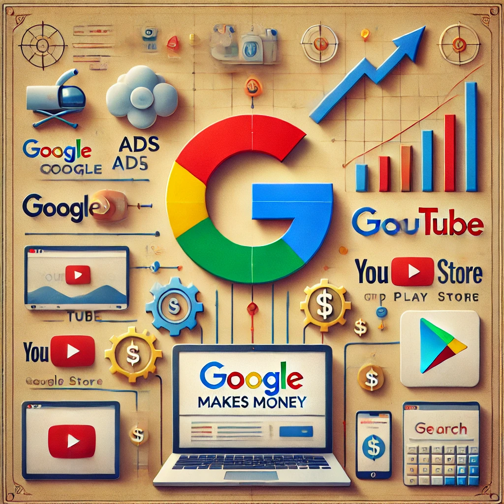 구글이 돈을 버는 다양한 방식(광고, 클라우드, 유튜브, 플레이 스토어, 검색 광고 등)을 인포그래픽 스타일로 표현