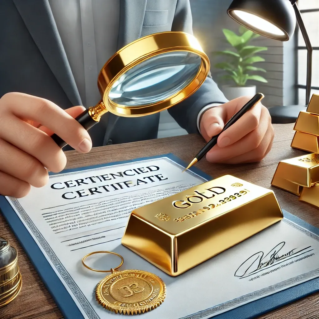 인증 거래소에서 확대경과 인증서를 사용해 골드바를 확인하는 모습