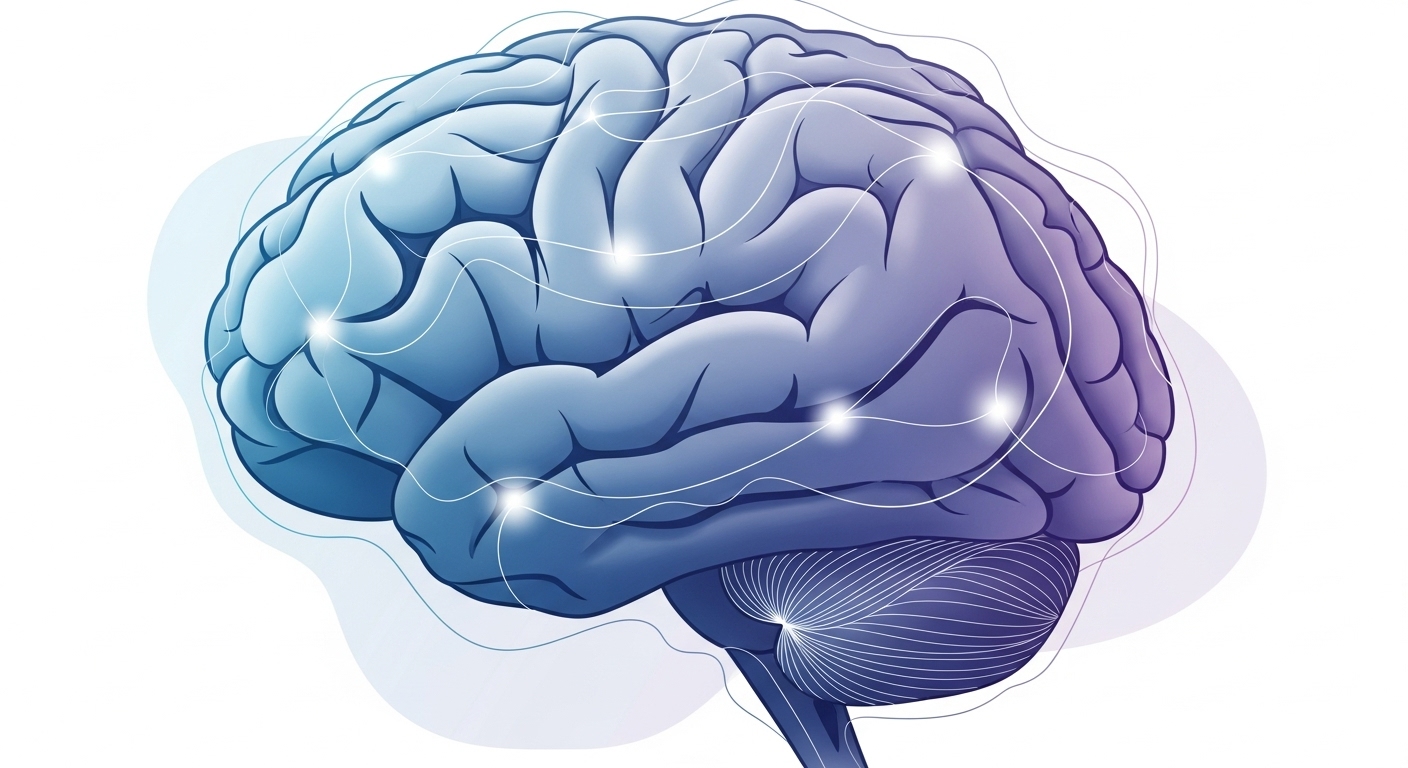 A stylized illustration of a brain with glowing neural networks, depicting a sense of calmness and reduced activity. Soothing blue and purple tones, representing stress relief and cognitive balance. Abstract, clean, digital art.