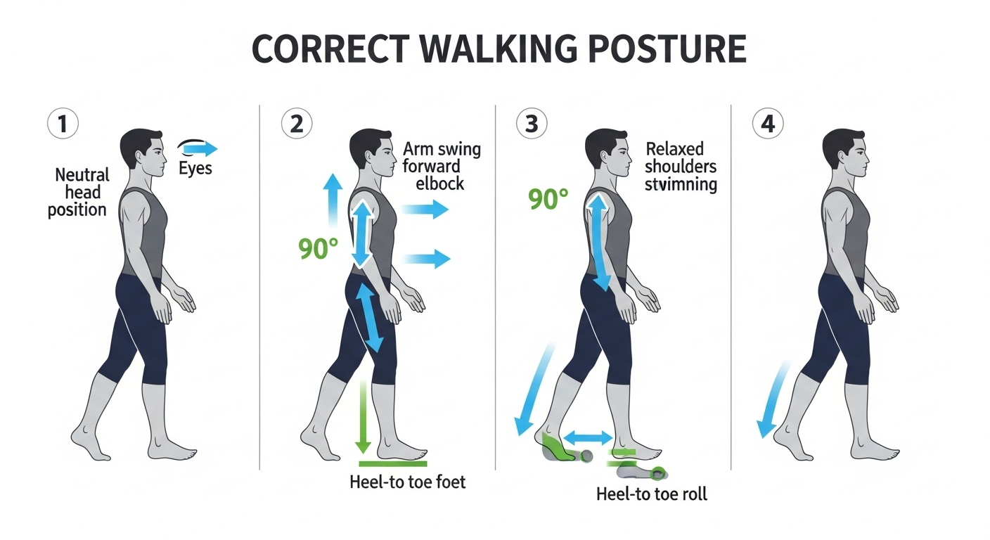 올바른 걷기 자세를 단계별로 설명하는 일러스트