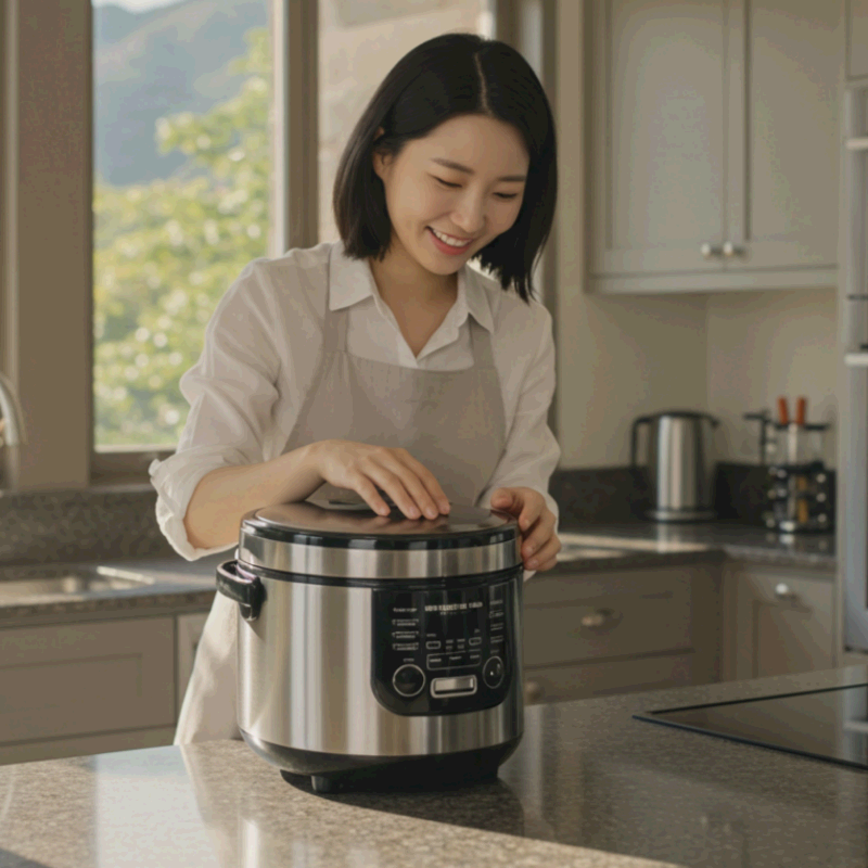 주방에서 전기밥솥 사용하는 여성.