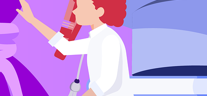 보라색 배경에 책과 일러스트