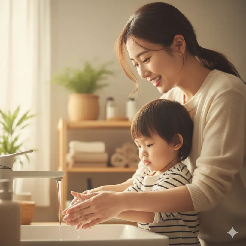 RSV 예방을 위한 올바른 손 씻기를 하는 한국인 엄마와 아기.