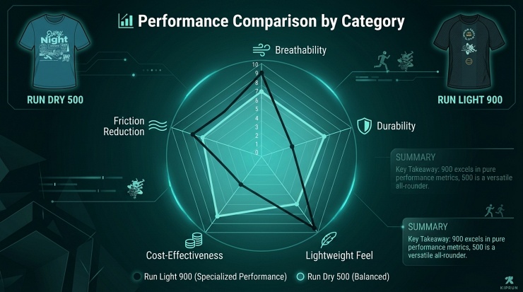 데카트론 런 드라이 500 vs 런 라이트 900 러닝 반팔티 성능 비교 방사형 그래프