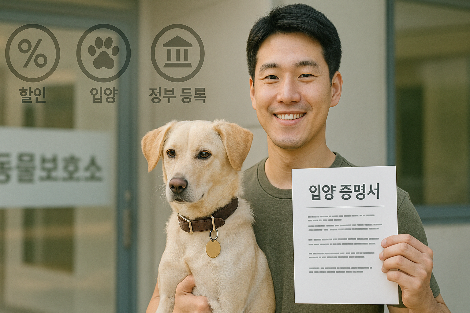한국 남성이 구조한 반려견과 함께 서 있으며, 입양증명서를 들고 있음