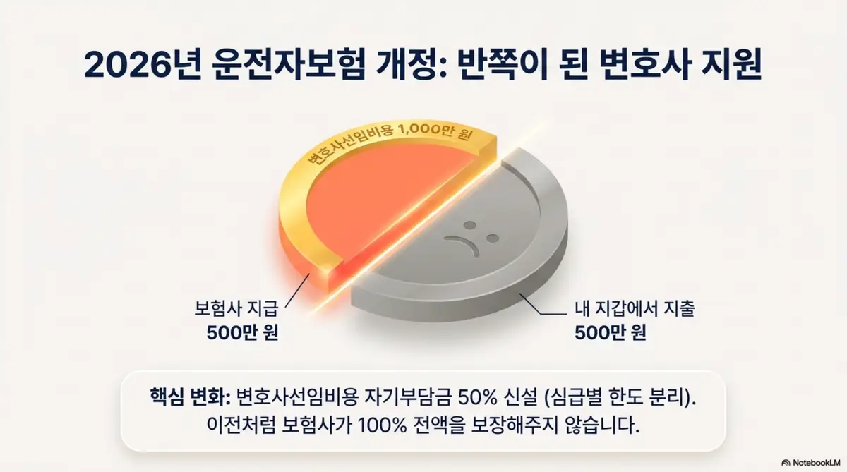 2026년 운전자보험 개정으로 변호사선임비용 보장이 반쪽으로 줄어든 변화를 원형 그래프로 보여주는 이미지. 변호사비 1000만 원 발생 시 보험사 지급 500만 원과 본인 부담 500만 원으로 나뉘며 자기부담금 50% 신설과 심급별 한도 분리라는 핵심 변화를 시각적으로 전달함