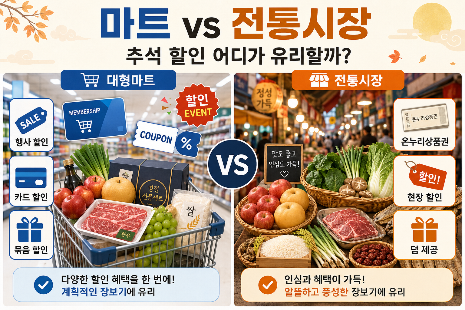 2026 추석 장보기 마트와 전통시장 할인 비교 이미지