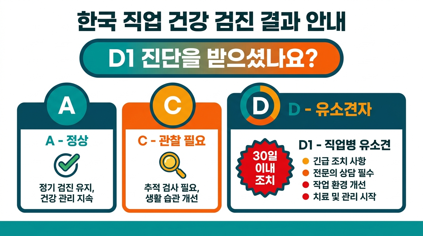 특수건강진단 결과 사후관리 3분 정리 &mdash; C1&middot;D1 판정 시 30일 이내 사업주 조치 의무 인포그래픽