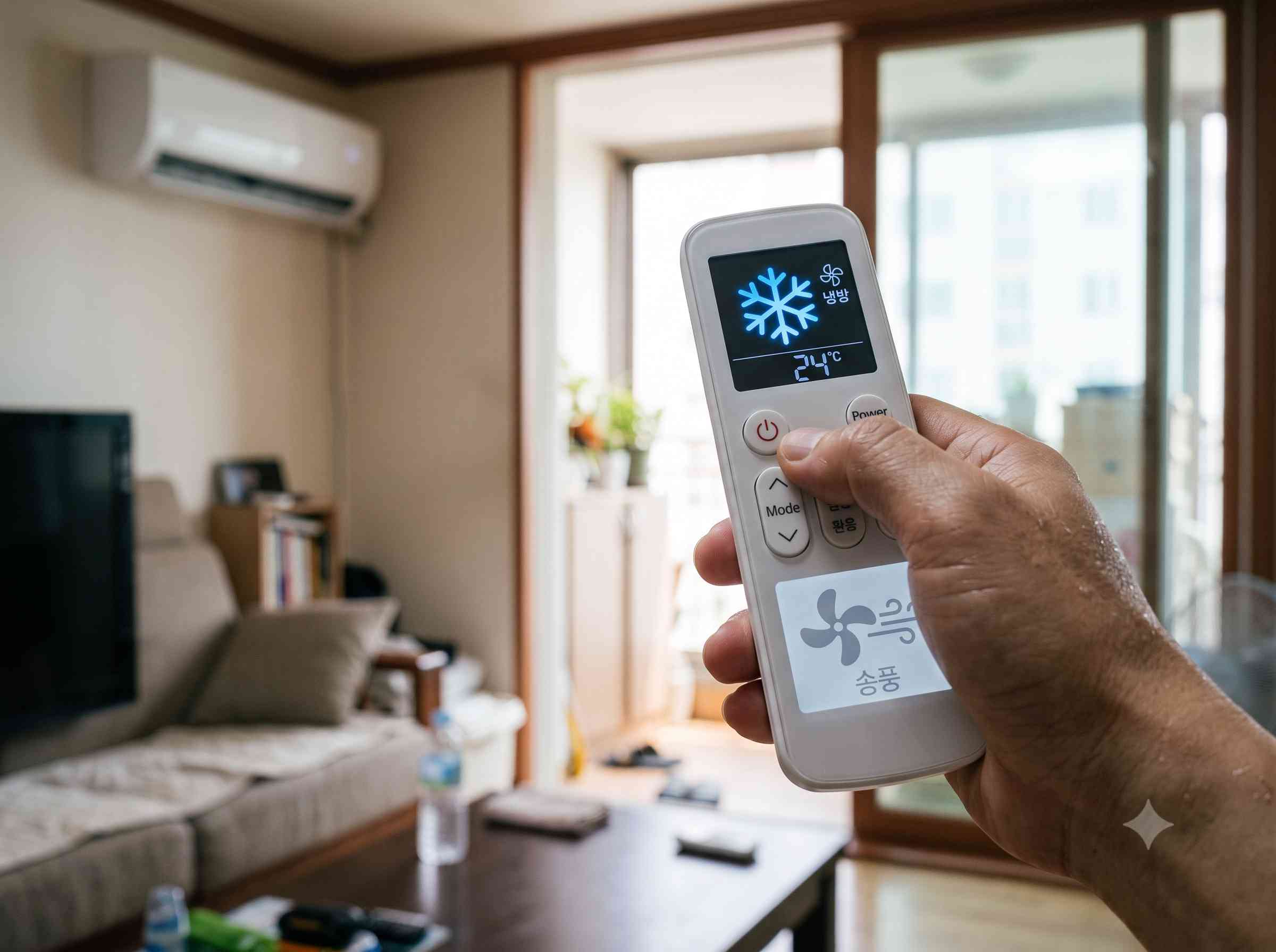 냉방 모드와 송풍 모드가 표시된 에어컨 리모컨을 비교하며 올바른 설정을 확인하는 손의 모습