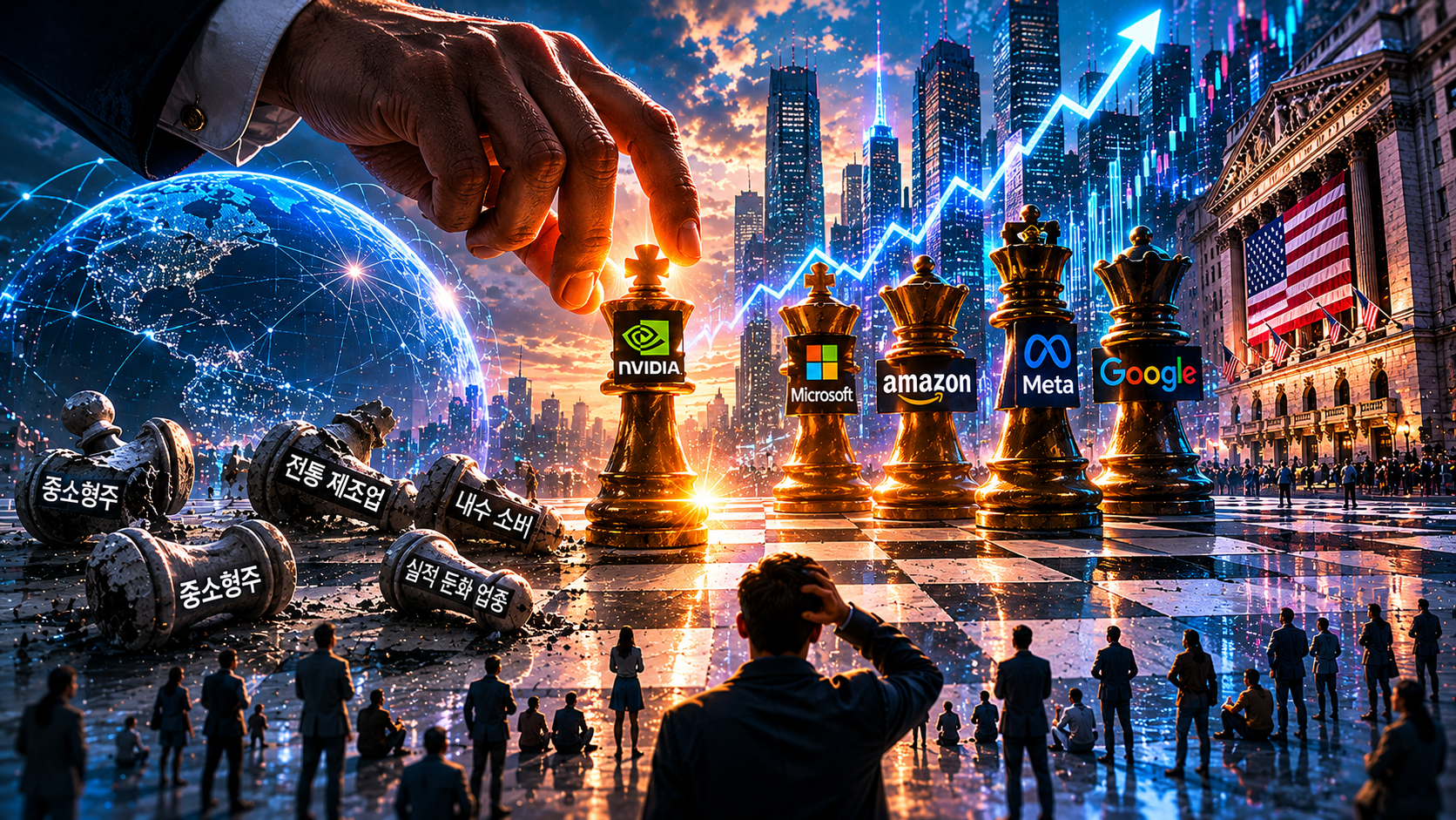 &ldquo;Massive tech corporations represented as chess pieces dominating a futuristic global financial battlefield.&rdquo;