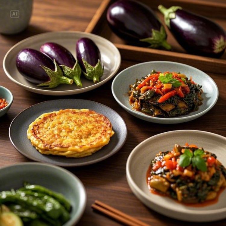 한국식 식탁 위에 놓인 다양한 가지요리들 - 보랏빛 가지나물, 노릇한 가지전, 매콤한 가지볶음이 한 상에 차려진 모습, 따뜻한 조명, 음식 사진, 한식 스타일
