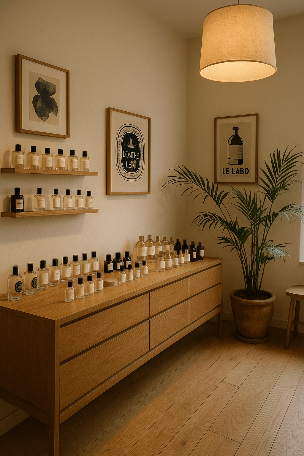 니치 향수 전문 부티크 내부. 우드 선반 위에 딥티크, 바이레도, 르라보 향수가 감각적으로 진열되어 있고, 예술적인 포스터와 식물 인테리어가 어우러진 따뜻하고 고요한 분위기.