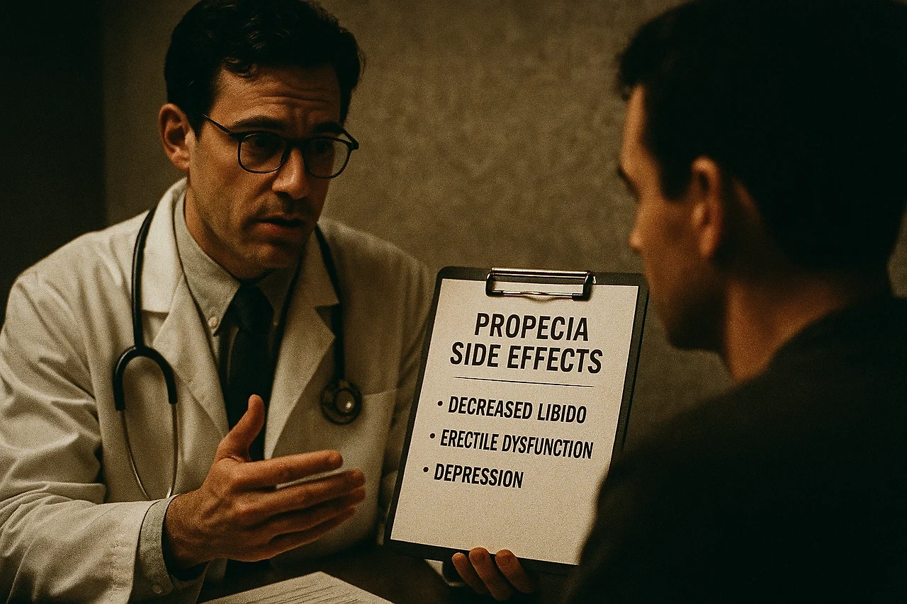 "프로페시아 부작용에 대해 설명하는 의사와 환자 상담 장면, 의학적 정보 제공 이미지