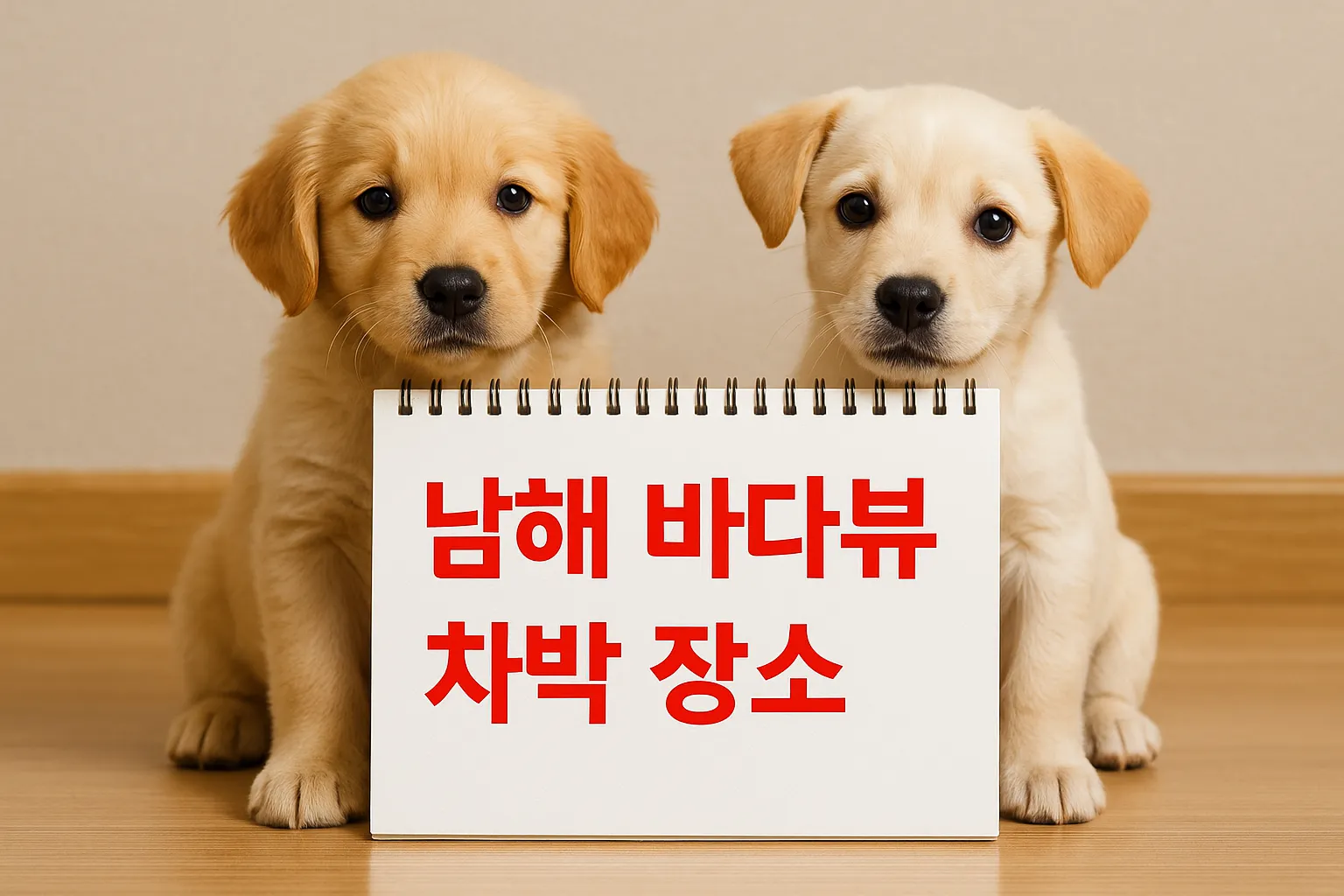 두 마리 강아지가 "남해 바다뷰 차박 장소"라는 빨간 글씨가 적힌 스케치북을 들고 있는 모습.