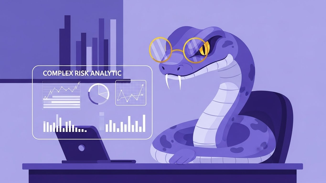 냉철한 데이터 분석을 통해 리스크를 차단하고 안전한 미래를 설계하는 지적인 뱀띠 캐릭터 일러스트