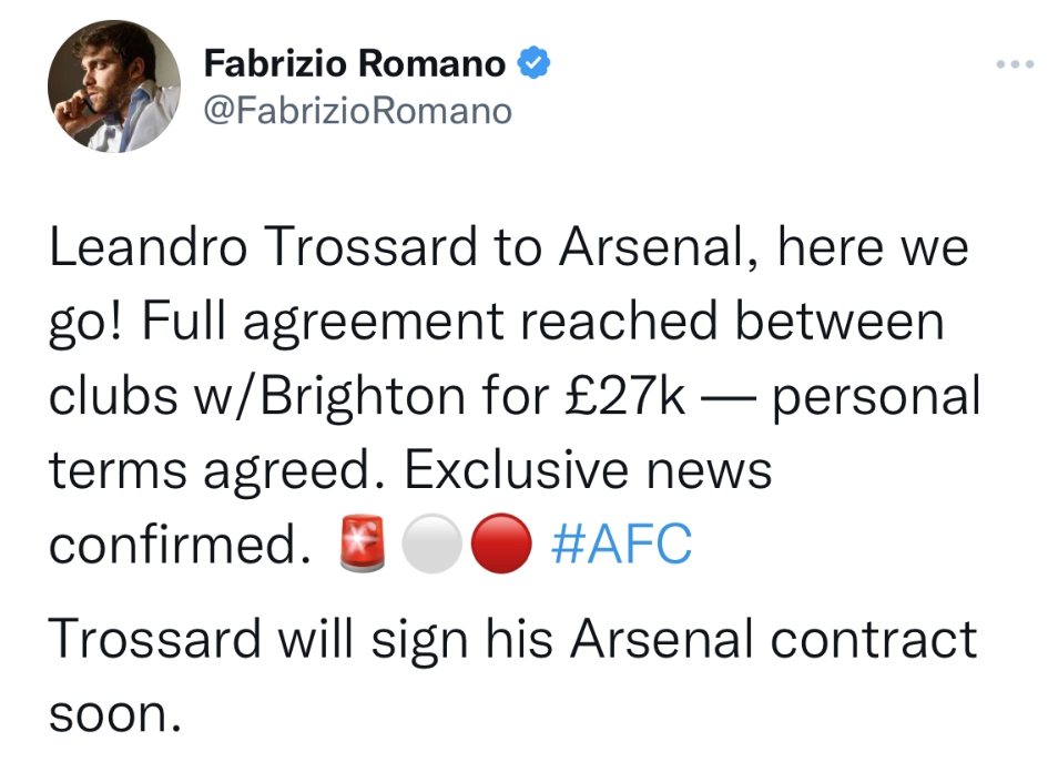 파브리지오 로마노 아스날 트로사르 이적 Here We Go