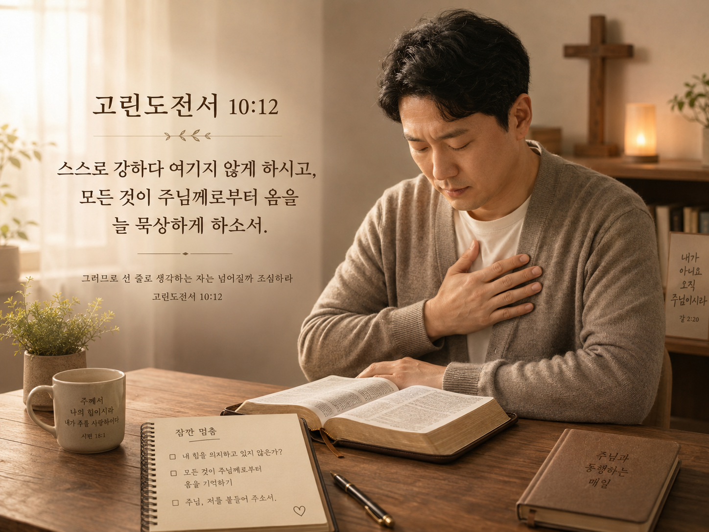 고전 10:12 말씀에서 제 스스로 믿음이나 세상적인 것이 강하다고 생각하는 것이 덧없으며 떨어지는 것을 두려워해야 함을 생각하게 되었고&amp;#44; 모든 것이 주님께로부터 오는 것임을 시시로 묵상하는 시간을 갖는 모습입니다.