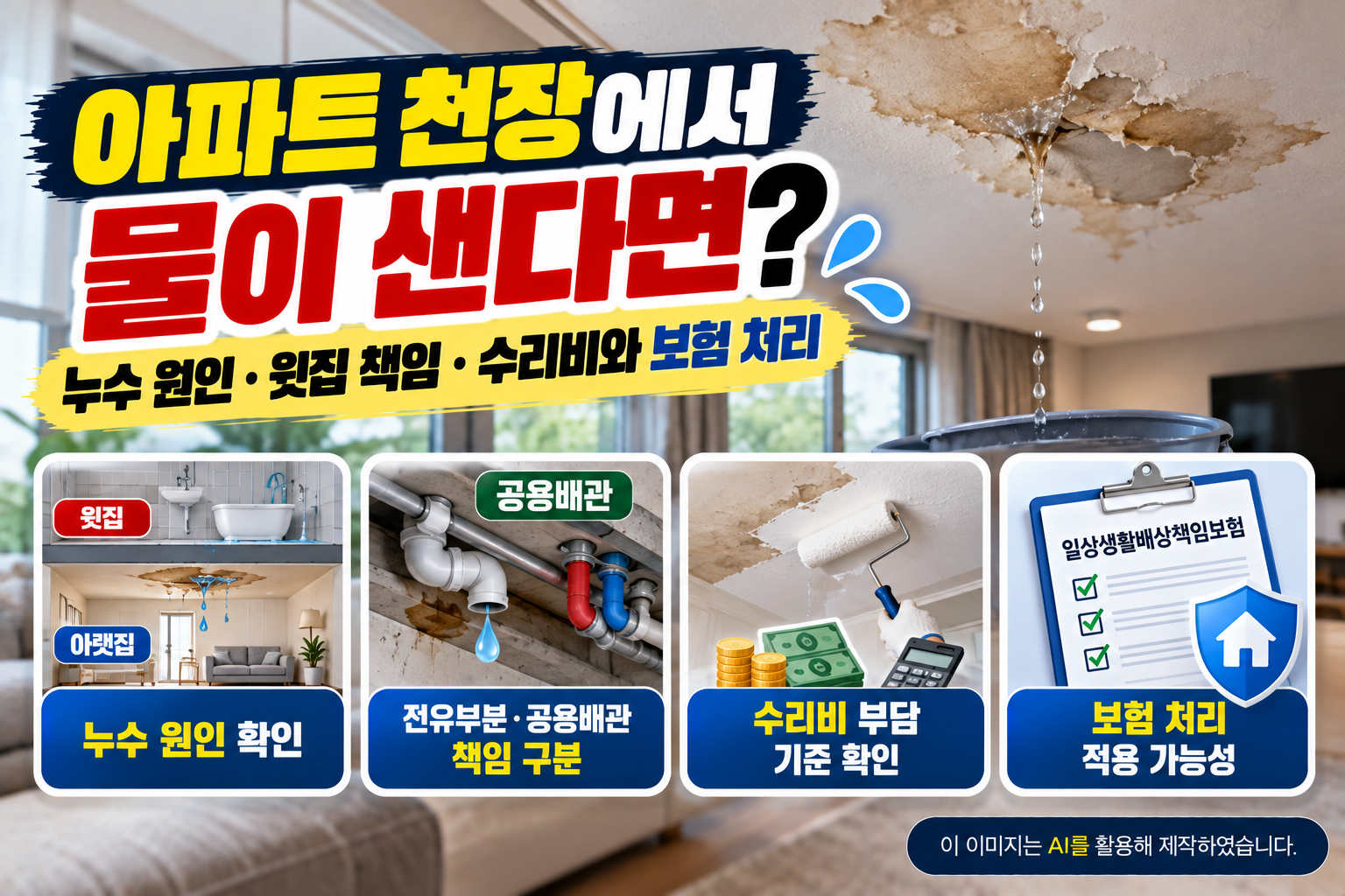 아파트 천장에서 물이 새는 누수 상황을 배경으로 윗집과 아랫집의 누수 책임, 전유부분과 공용배관 구분, 누수 수리비 부담 기준 및 일상생활배상책임보험 처리 방법을 설명하는 이미지