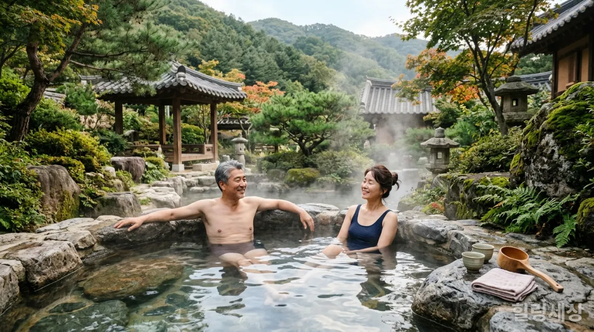 50대 한국인 부부가 야외 온천에서 평화롭게 휴식을 취하는 모습