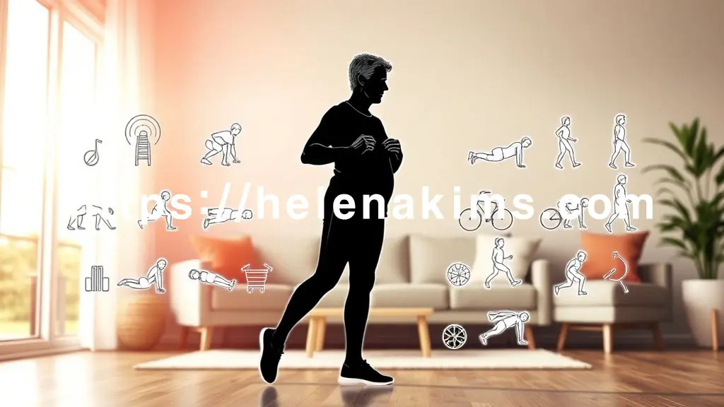 밝고 아늑한 실내 공간 배경에 활력 넘치는 중년 남성, 실루엣 주변으로 스쿼트 자세, 플랭크 동작, 그리고 걷는 모습의 아이콘들이 나잇살 관리를 위한 다양한 운동법을 암시 하는 이미지.