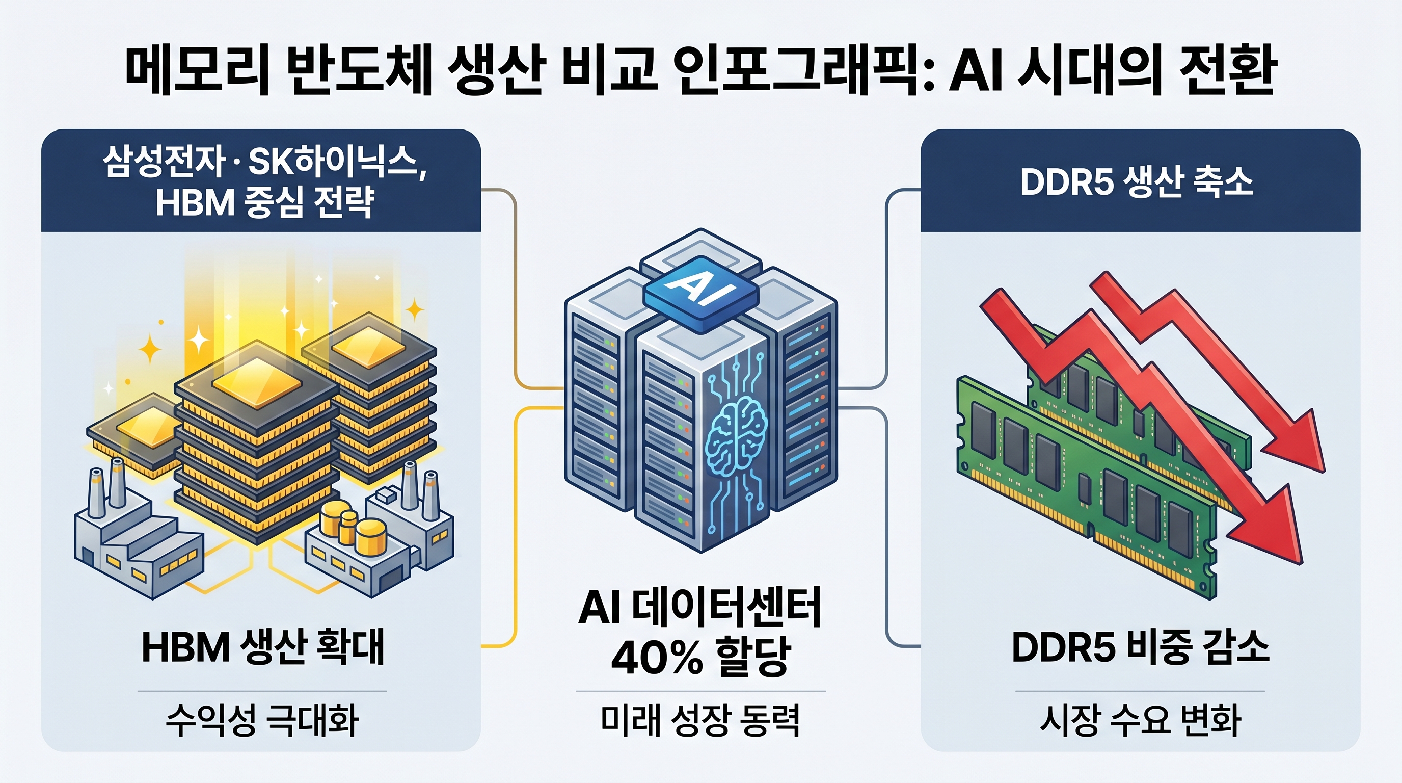 2026년 메모리 생산 전략 변화: HBM 극대화, DDR5 감산, DDR4 단종. 삼성&middot;SK하이닉스 생산 배분도