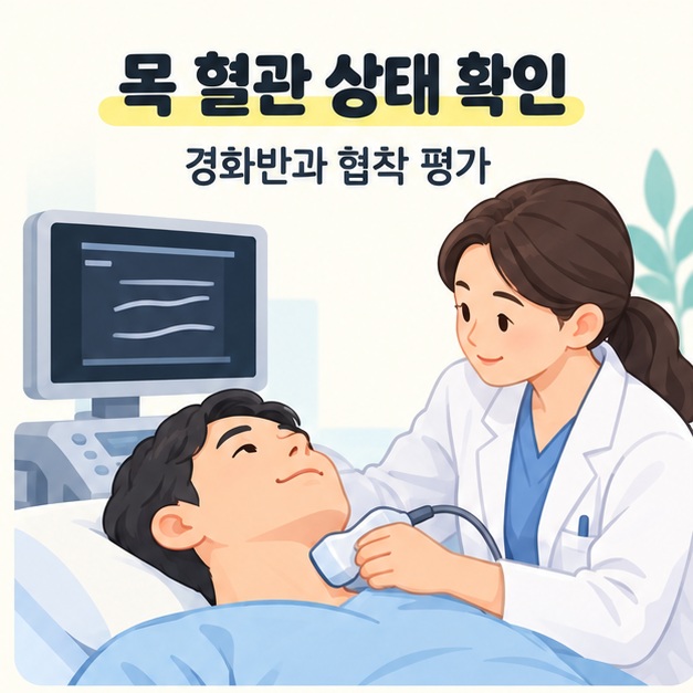 목 혈관의 상태를 살피는 초음파 검사와 돋보기 일러스트