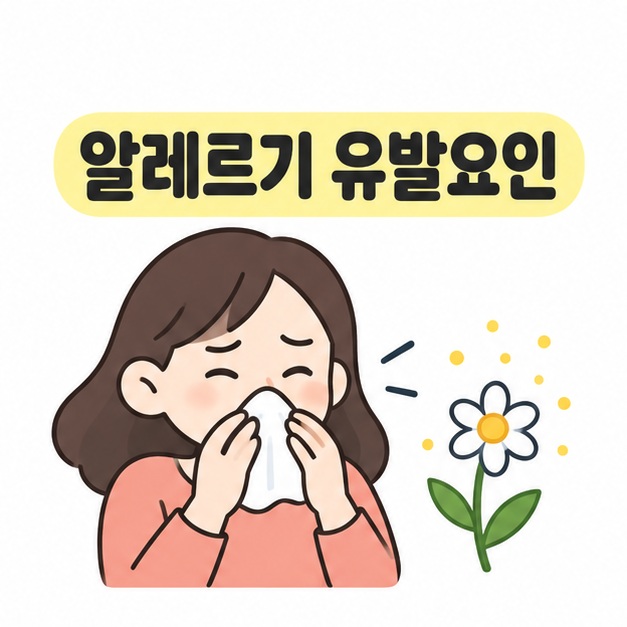 알레르기 유발요인 문구 아래에서 휴지로 코를 닦는 사람과 꽃가루가 흩날리는 꽃을 보여 주는 그림