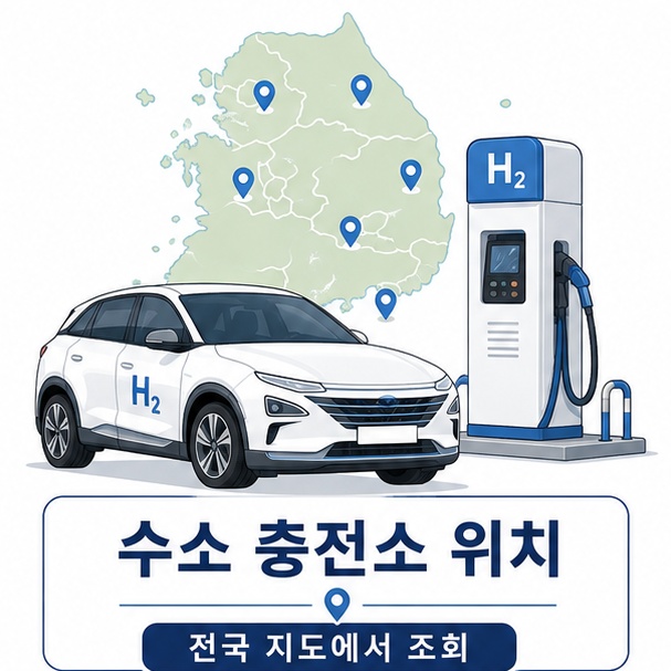 수소전기차와 H2 수소충전기, 전국 지도를 함께 배치해 전국 수소 충전소 위치를 지도에서 찾을 수 있음을 보여 주는 그림