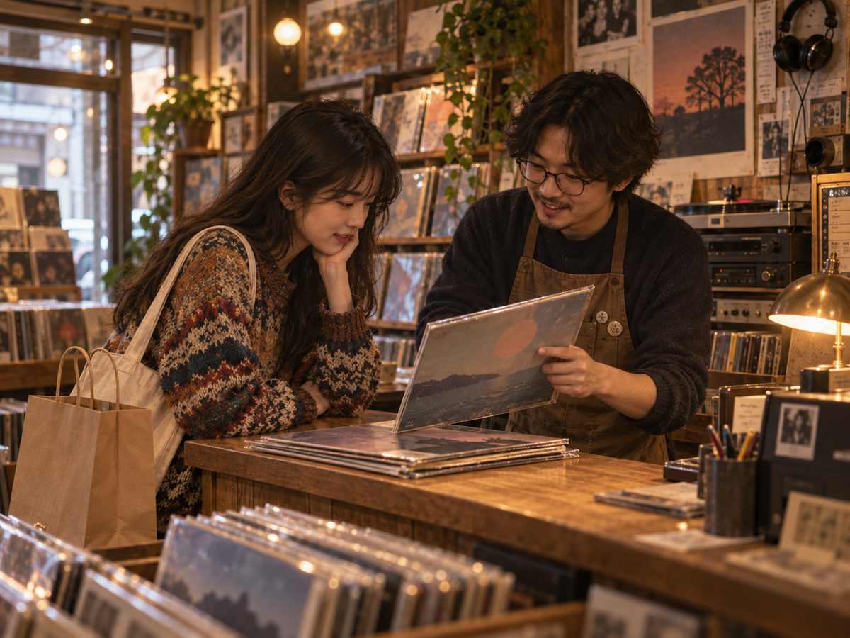 레코드점에서 점원이 손님에게 LP 음반을 보여주며 음악을 추천하는 모습