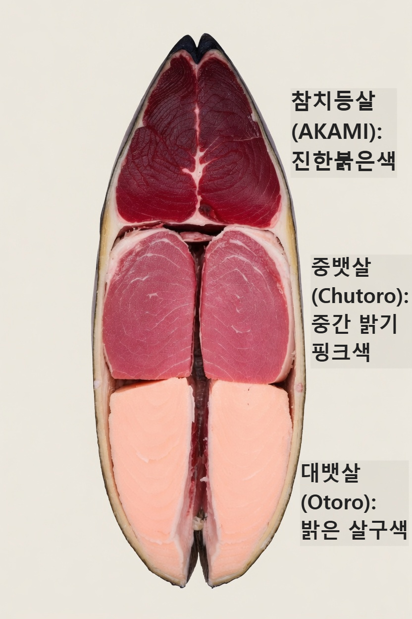 참다랑어 부위별 구분 - 등살(진홍색), 중뱃살(중간 색), 대뱃살(밝은 색)