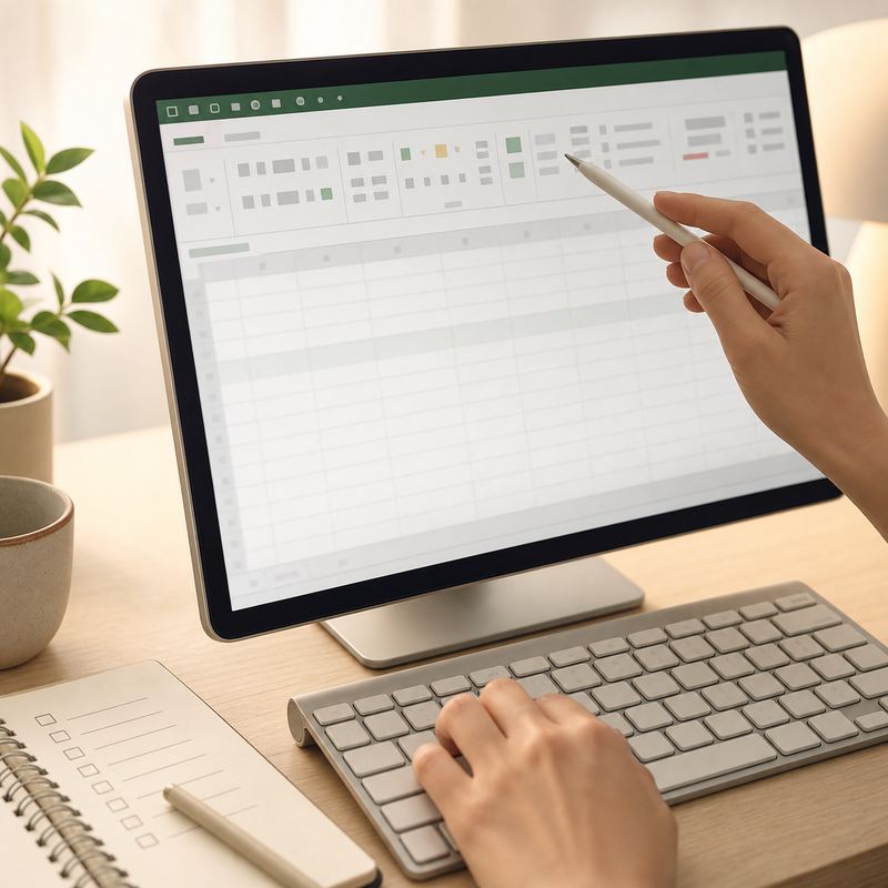 Microsoft 365용 Excel 화면에서 빠른 실행 도구 모음과 리본 메뉴를 함께 보는 작업 장면