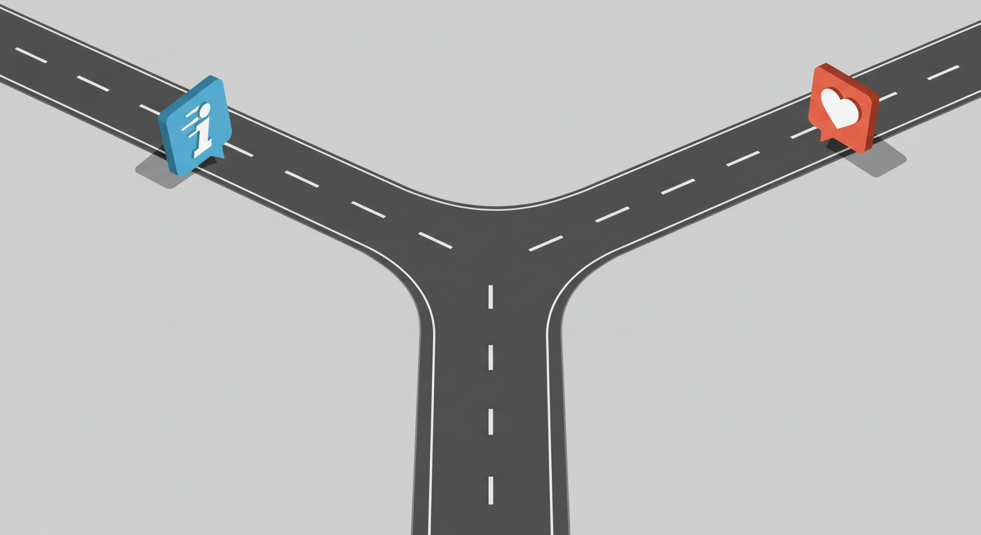 두 갈래로 갈라지는 트랙이 즉시정보 흡수와 감정 몰입이라는 서로 다른 깃발을 향해가는 상징적 이미지