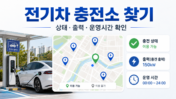 전기차 충전소 위치와 충전 상태, 출력, 운영시간 확인 방법을 안내하는 이미지