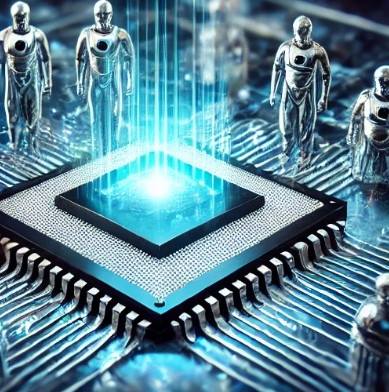 컴퓨터칩이 있고 그 위로 공상과학적인 작은 로봇들이 있는 모습