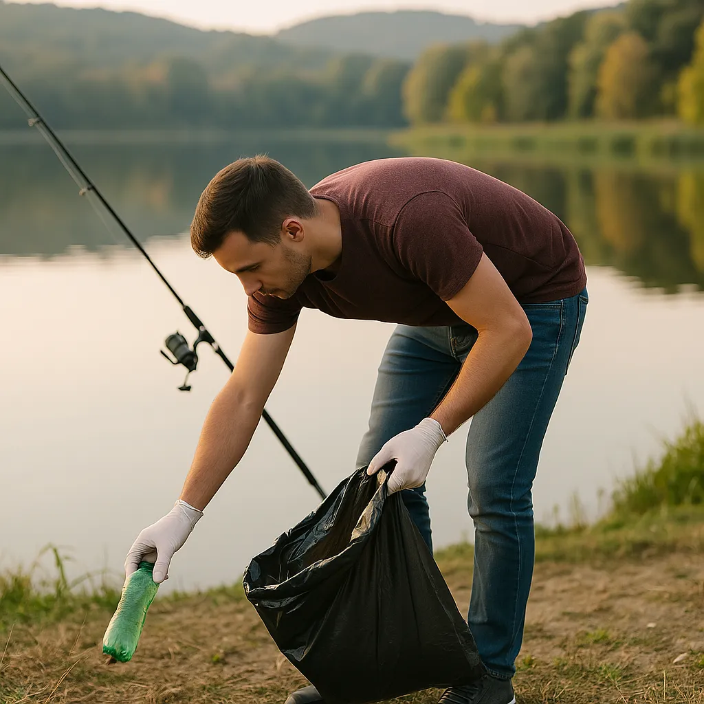 낚시 후 주변 쓰레기를 수거하는 남성의 모습