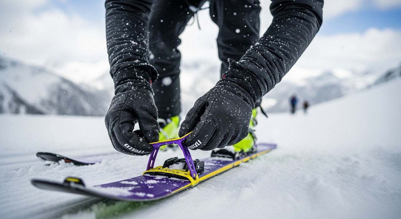 스키모 선수가 가벼운 스키 바닥에 스킨을 부착하는 모습