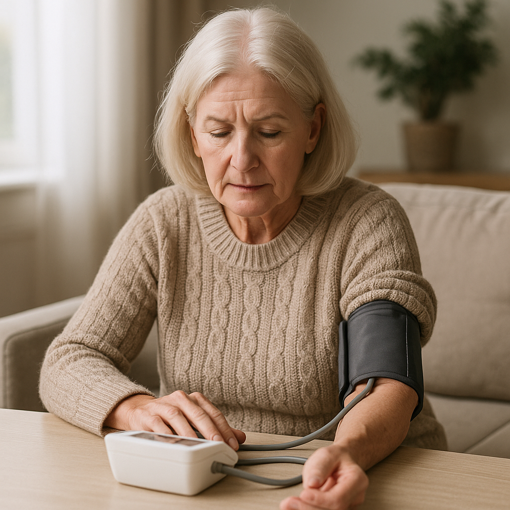 거실에 앉아서 혈압을 재고있는 할머니, 실사형 이미지