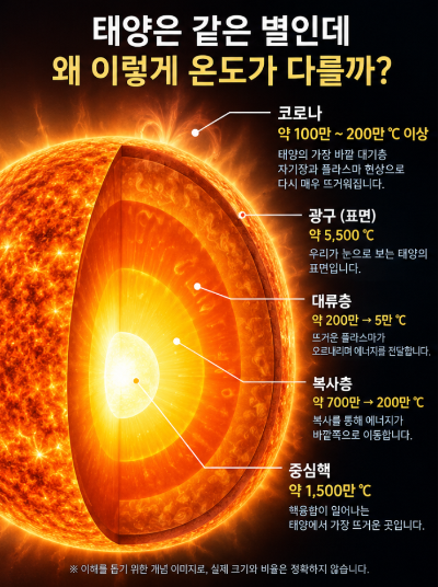 태양 온도, 표면 5,500℃보다 중심이 1,500만℃인 이유는?
