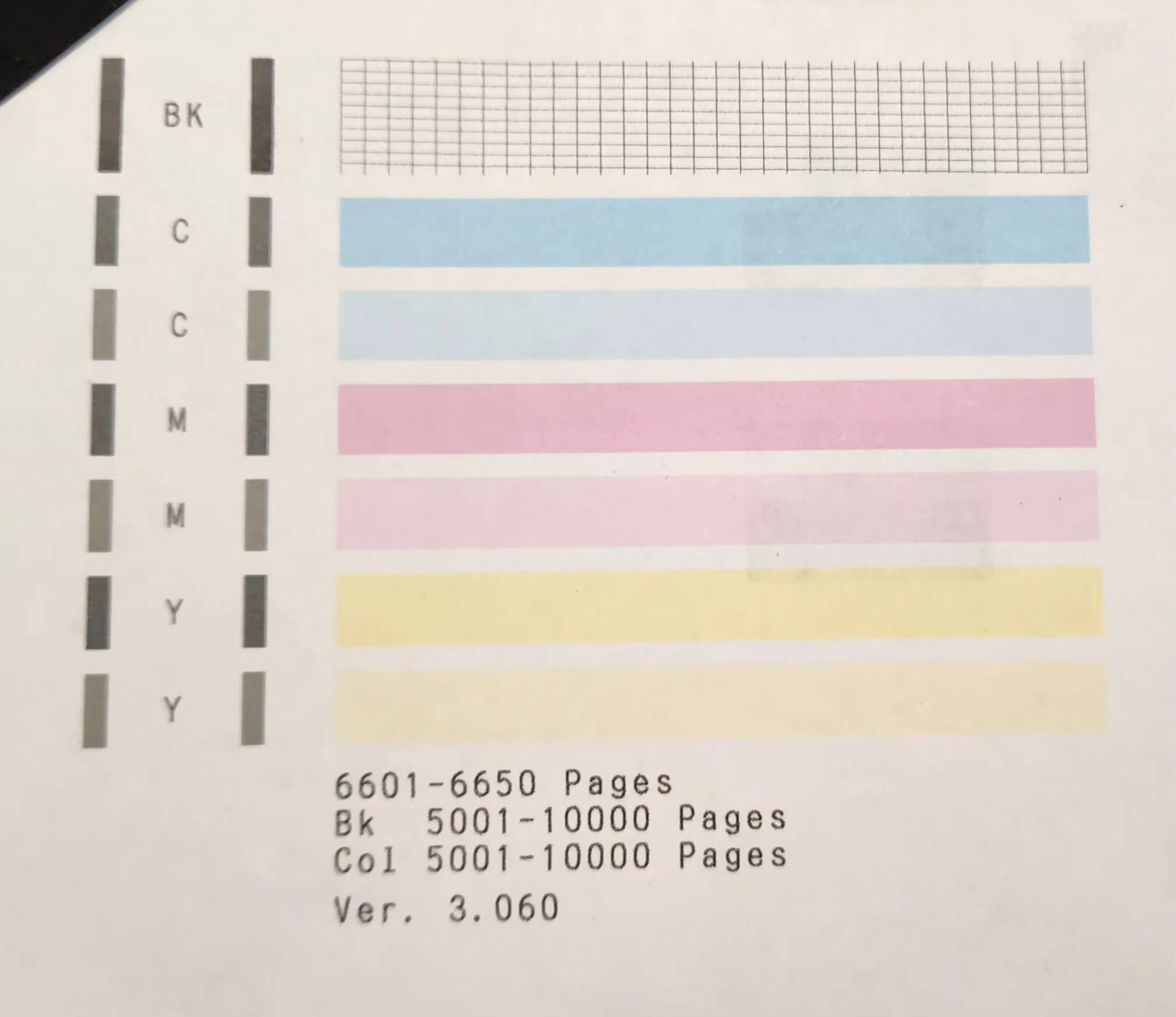 프린터 테스트용 컬러 패턴 출력 결과로&amp;#44; 잉크별 색상 막대와 인쇄 가능한 페이지 수가 표시된 시트