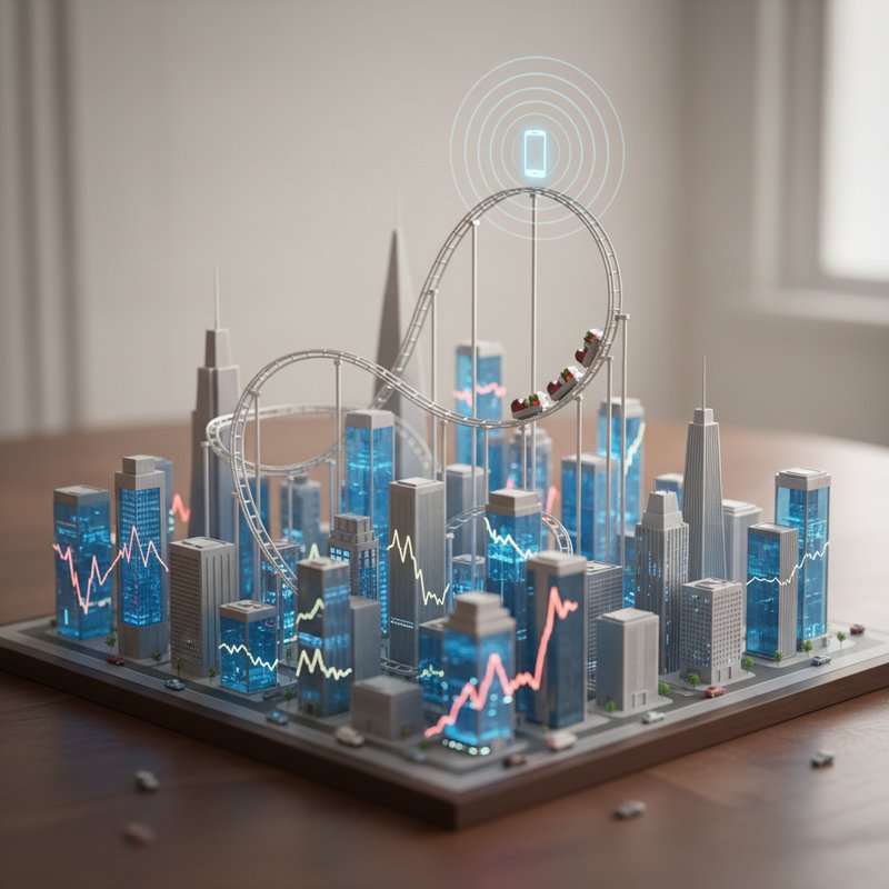 트럼프 SNS 메시지가 유발하는 예측 불가능한 시장 롤러코스터, 미니어처 디오라마 스타일, 틸트시프트 효과