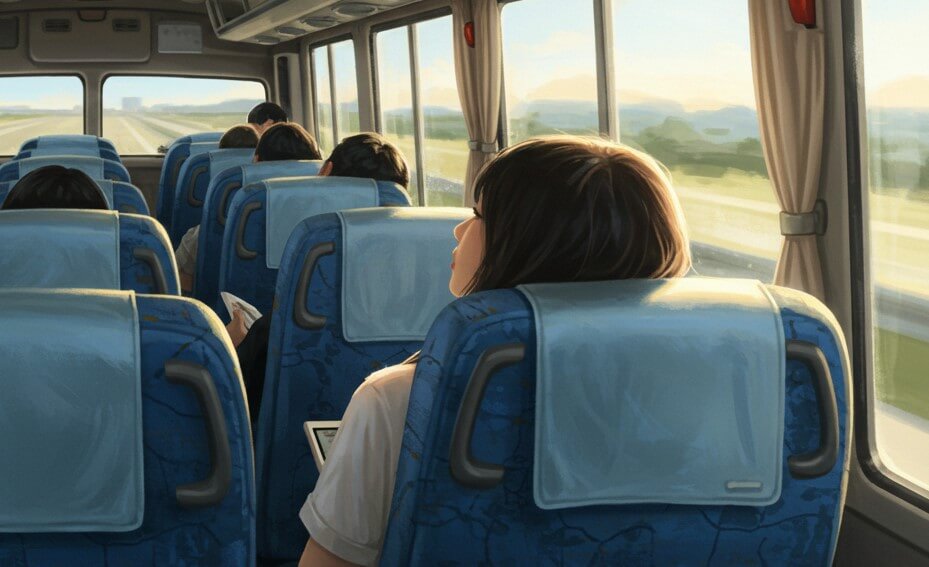 버스에 앉아 밖을 바라보고 있는 여행자, 버스좌석