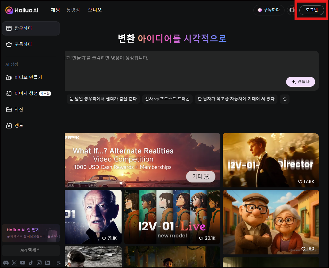 하이루오 AI 홈페이지 메인 화면