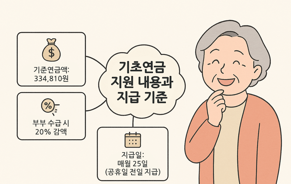 기초연금 지급 금액, 부부 동시 수급 시 감액 규정, 지급일 정보를 정리한 마인드맵. 실제 수급 금액과 지급 기준을 직관적으로 설명.