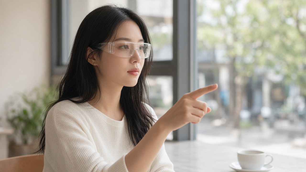 카페 창가에서 XR 안경을 쓰고 손동작으로 가상 화면을 조작하는 20대 한국인 여성
