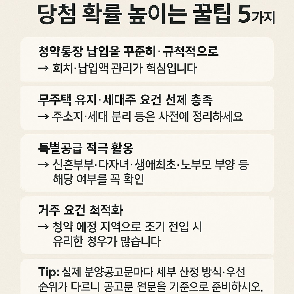 청약 준비 체크리스트 인포그래픽: 무주택, 청약통장, 특별공급, 거주기간, 자금 계획 점검 항목