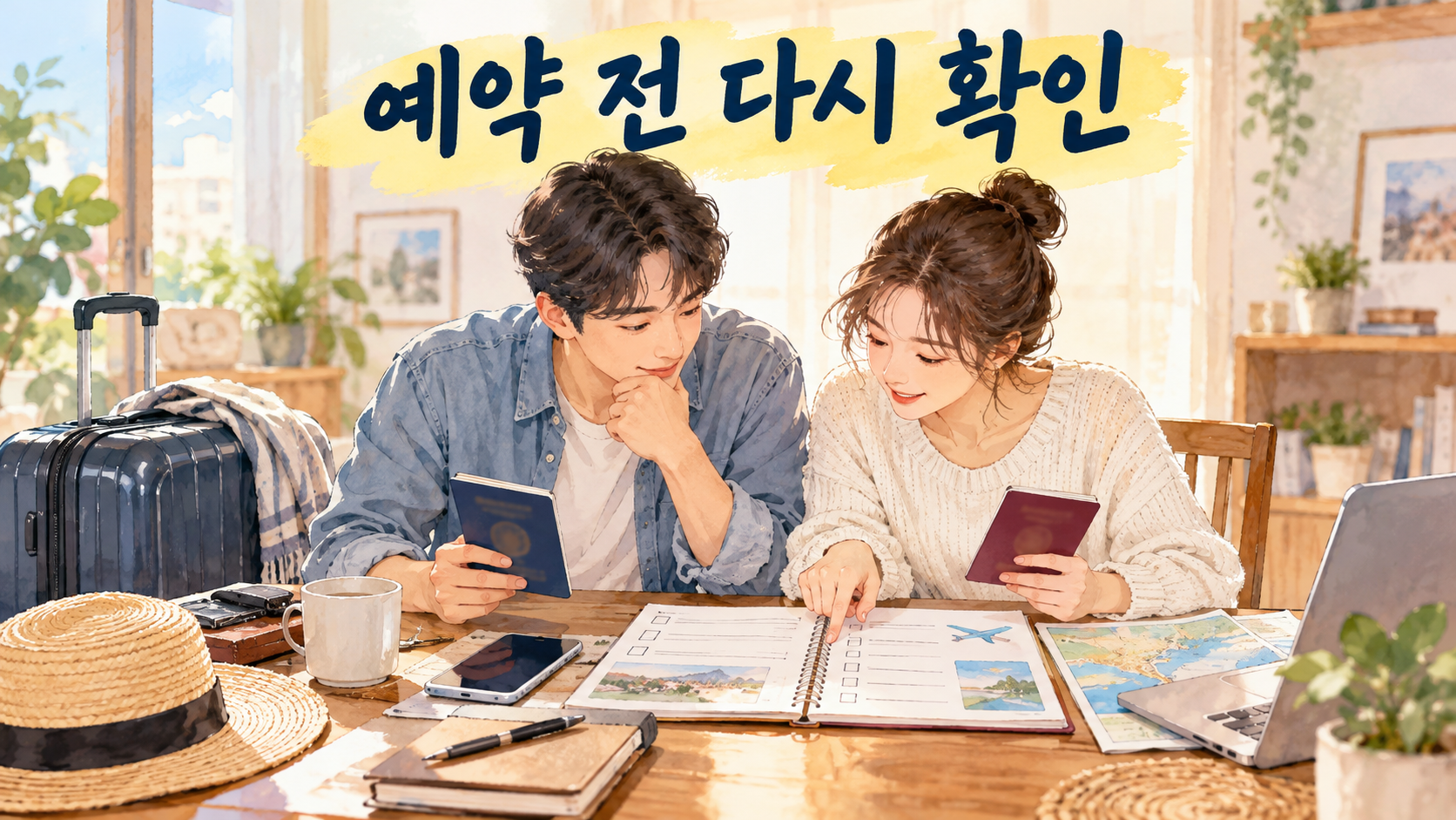 여권과 여행 메모를 보며 출발편과 귀국편을 확인하는 부부의 일러스트